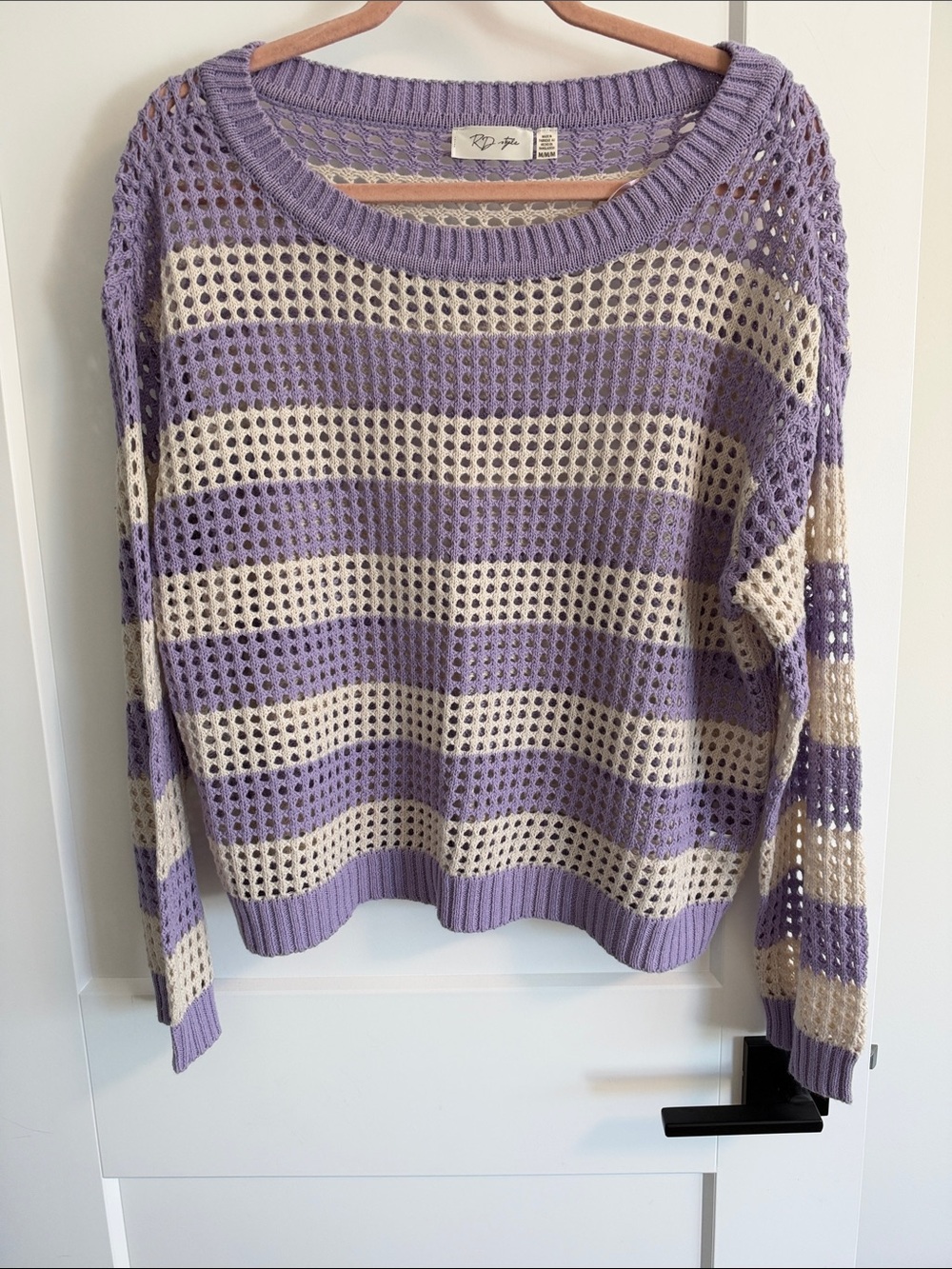 RD Style Lavender and Cream Open-Knit Striped Crew Sweater